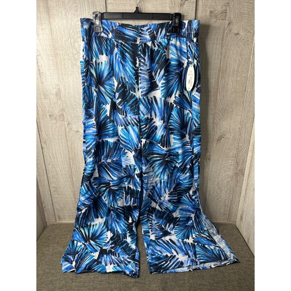 Tropic Goddess Women Large Blue Tropical Leaf Print Cruise Beach Wide-Leg Pants - Picture 1 of 7